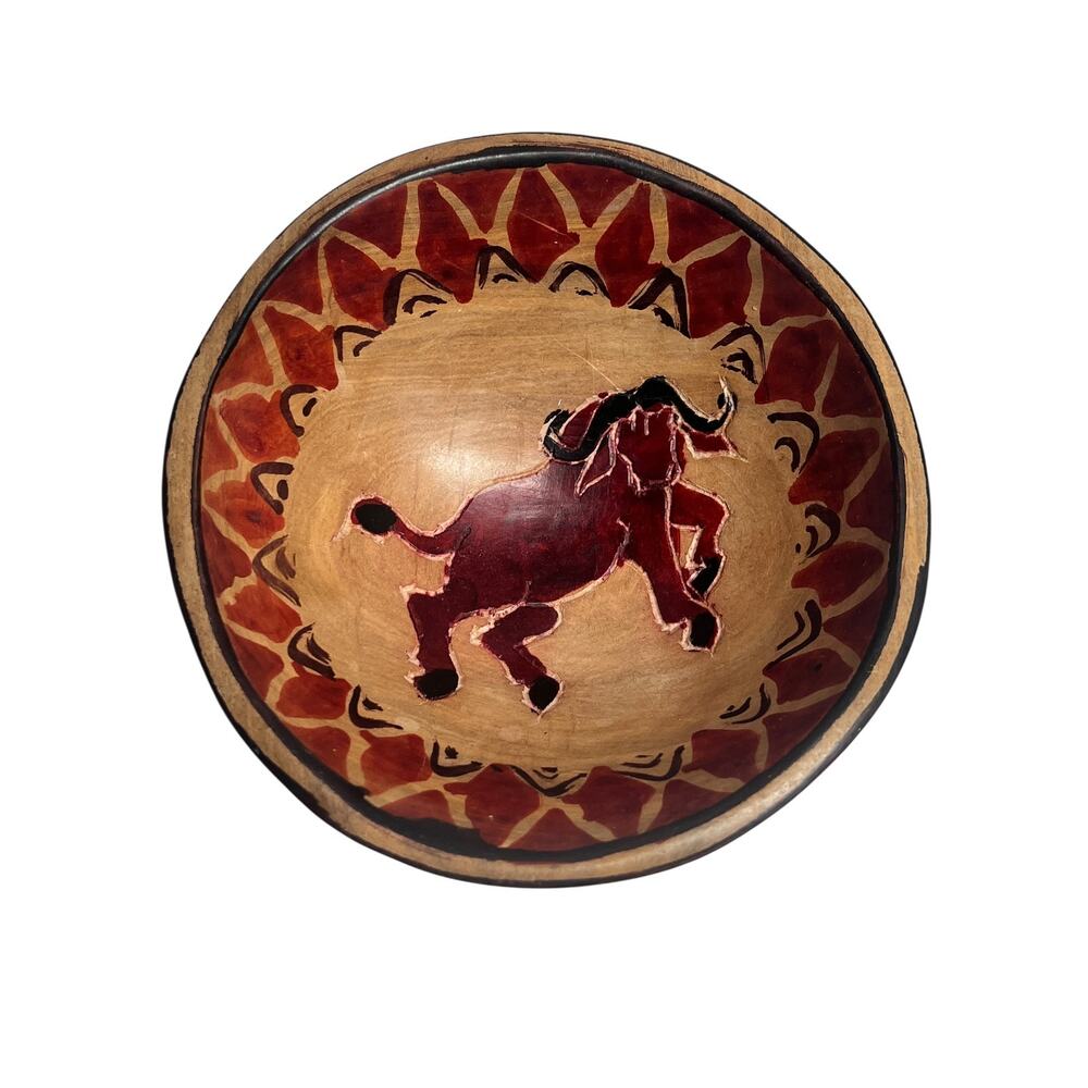 VTG Hand Carved Wooden Bowl‎ Charging Bull Folk Art Rustic Western Ranch Decor